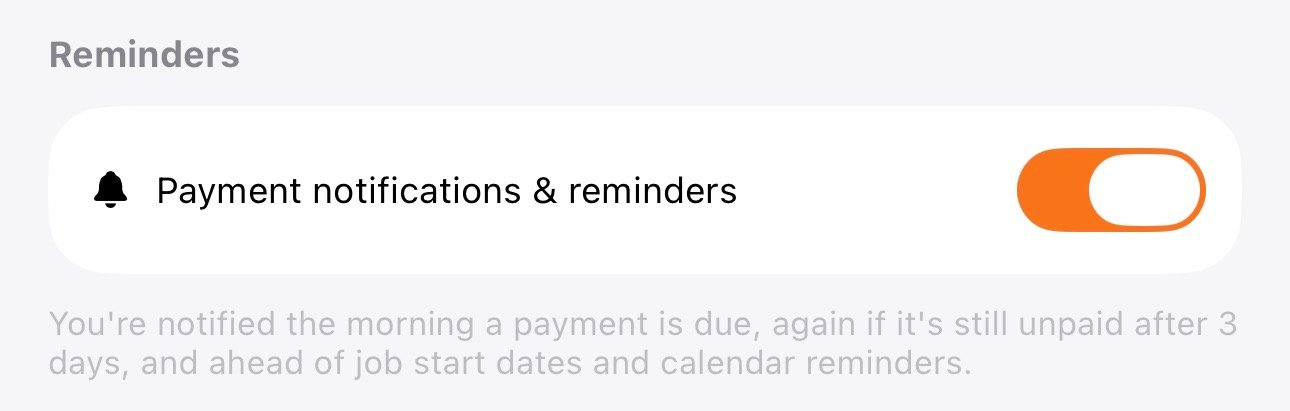 Payment notifications and reminders toggle